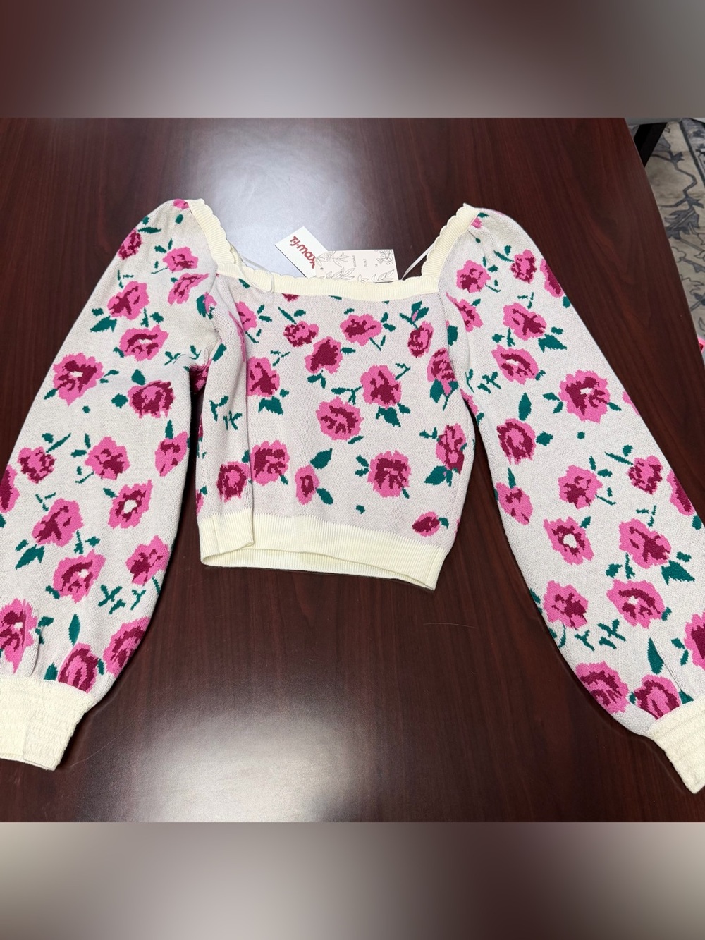 Floral Knit Crop Sweater in Cream and Pink